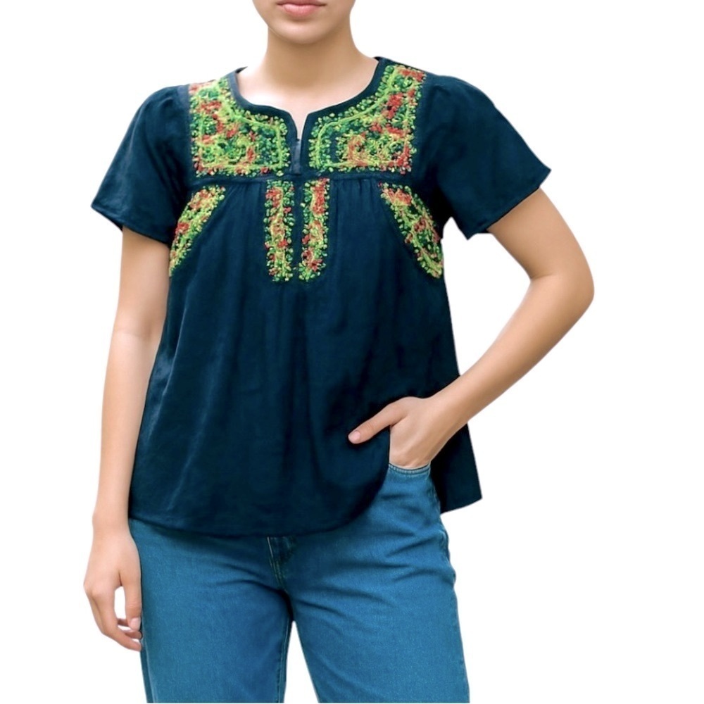 MM Couture embroidered Silk tunic Navy Women S Puff sleeves Round split neck